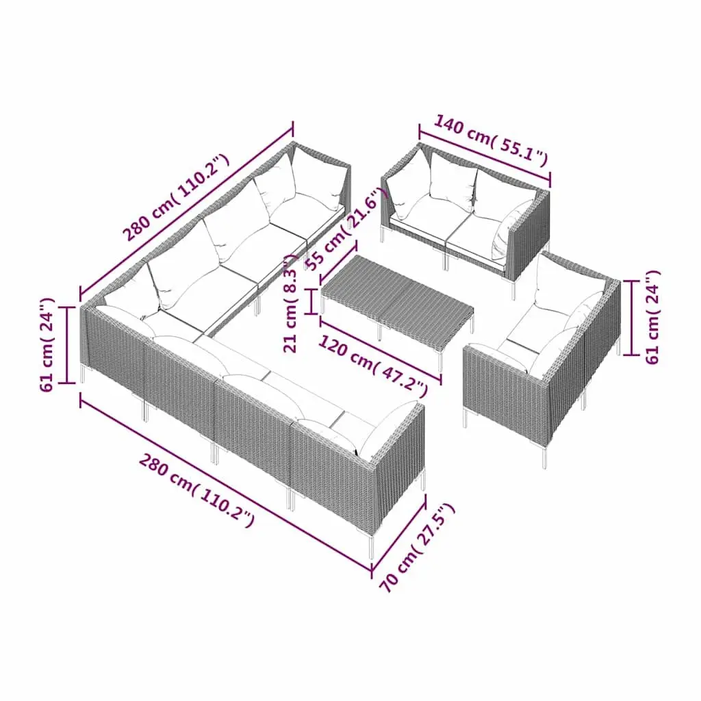12-Piece Grey Rattan Lounge Set