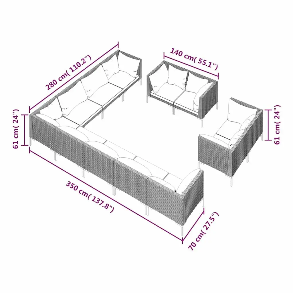 Garden Lounge Set 12 Piece Outdoor Furniture Grey Cushions PE Rattan