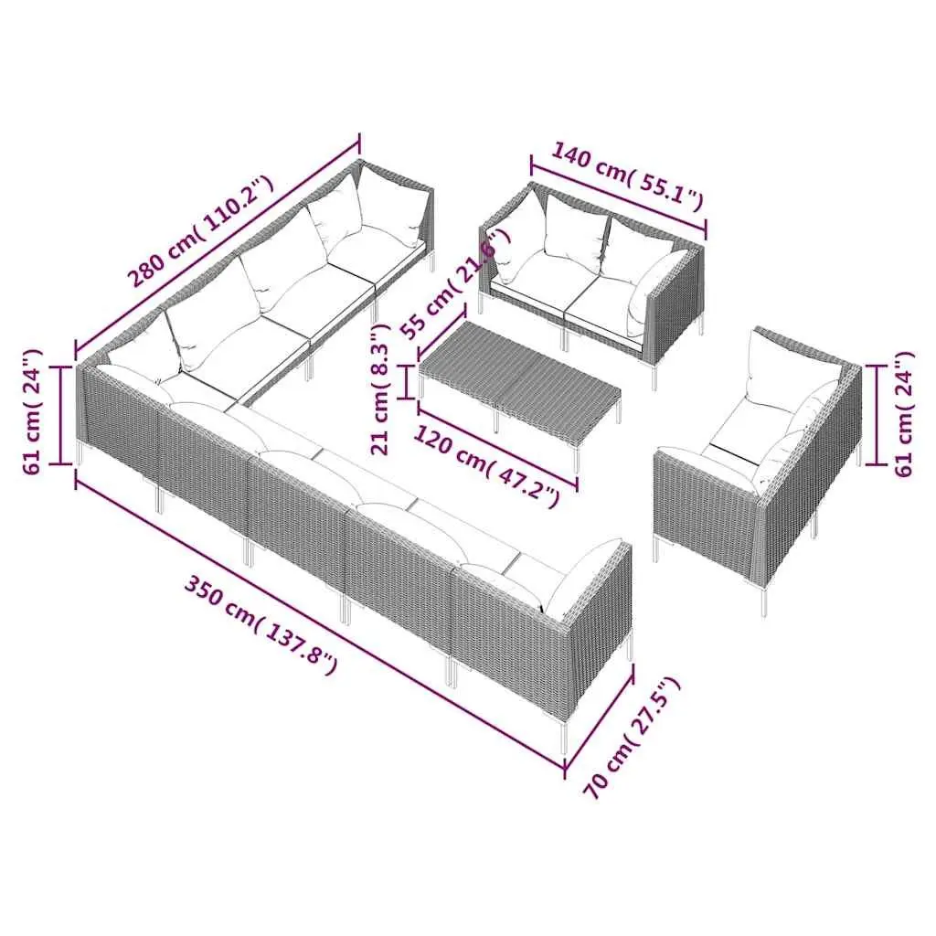 Garden Lounge Set 13 Piece Outdoor Furniture Grey Poly Rattan Patio Sofa with