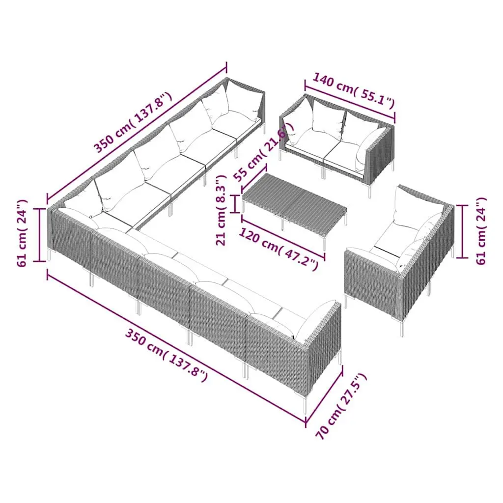 Garden Lounge Set 14 Piece Outdoor Furniture Grey Poly Rattan Cushions Sofa
