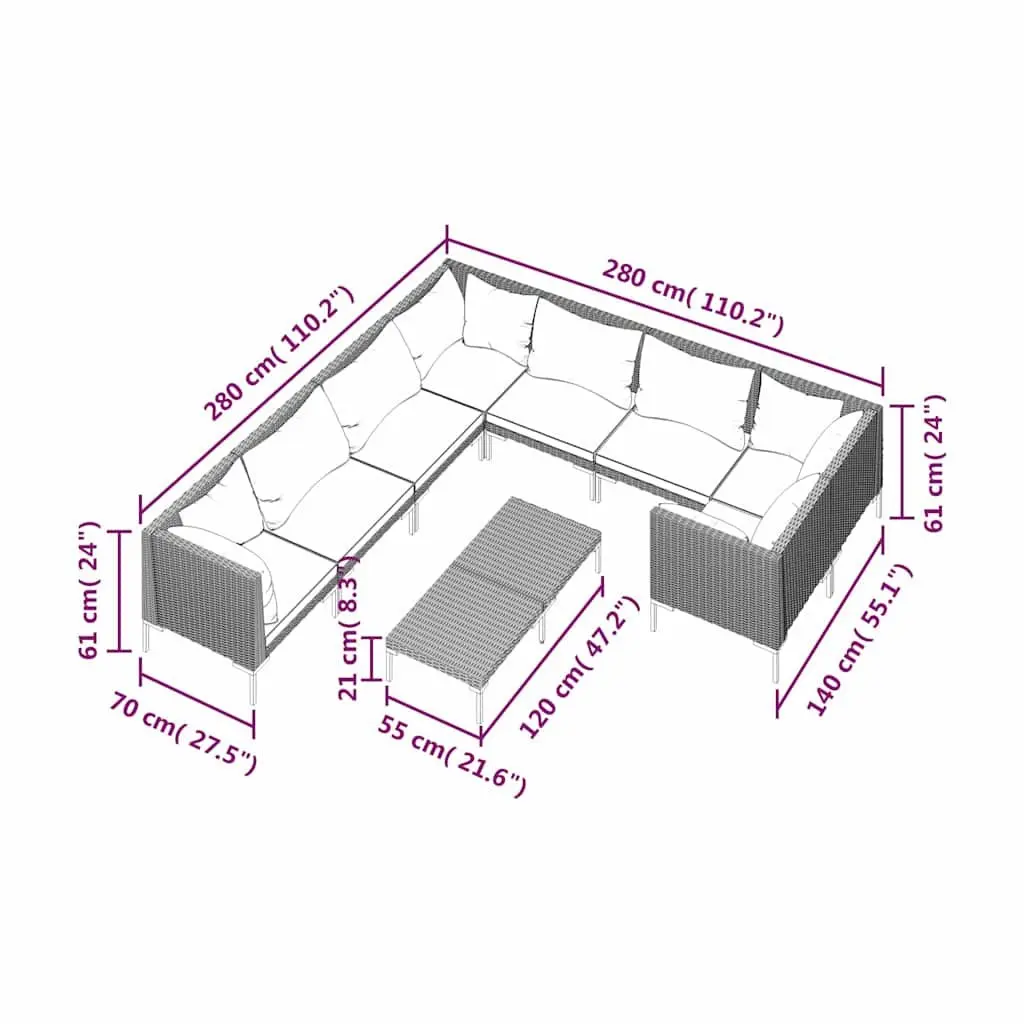 Garden Lounge Set Outdoor Furniture 9 Piece Patio Sofa Grey Rattan Cushions
