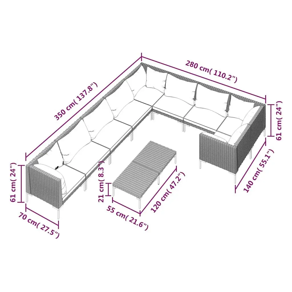 10 Piece Patio Furniture Set Grey Outdoor Lounge Cushions Rattan Garden Sofa