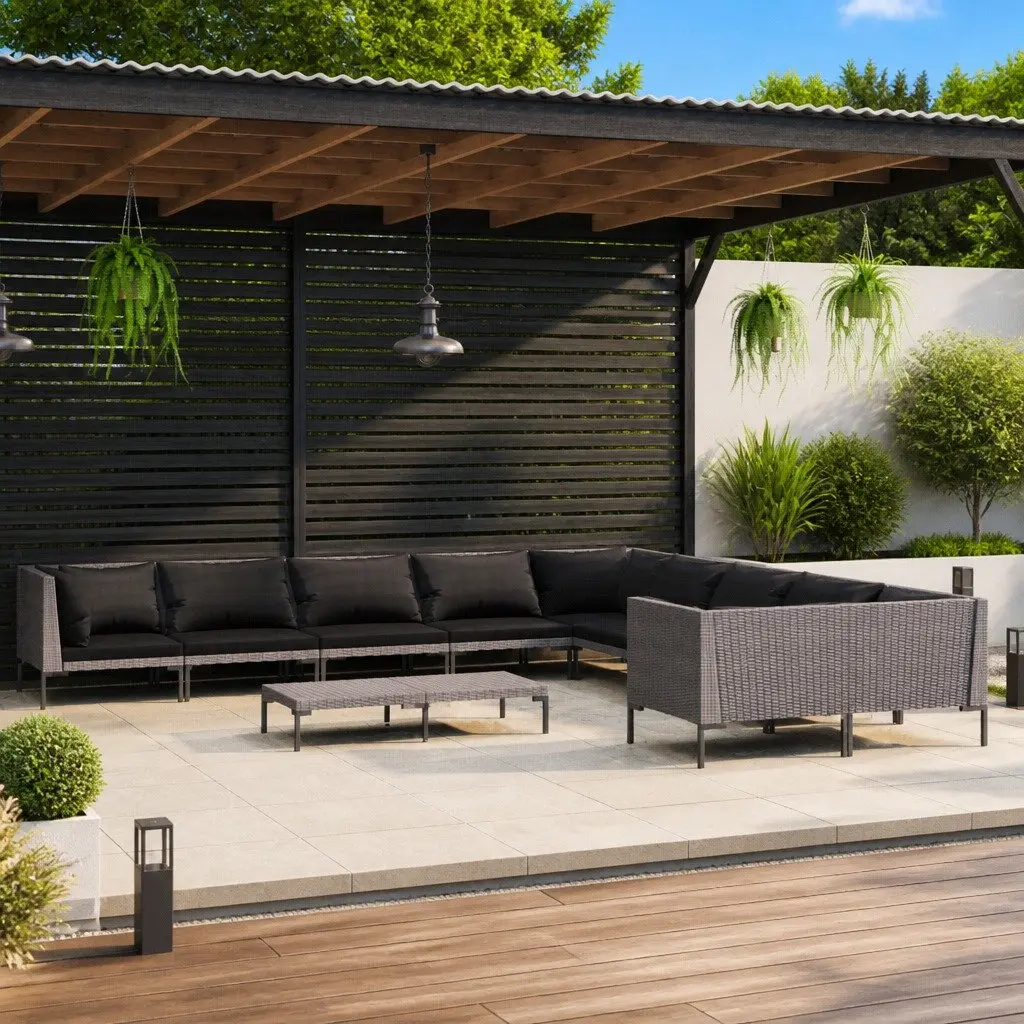 11 Piece Garden Lounge Set Outdoor Sofa Cushions Grey Poly Rattan