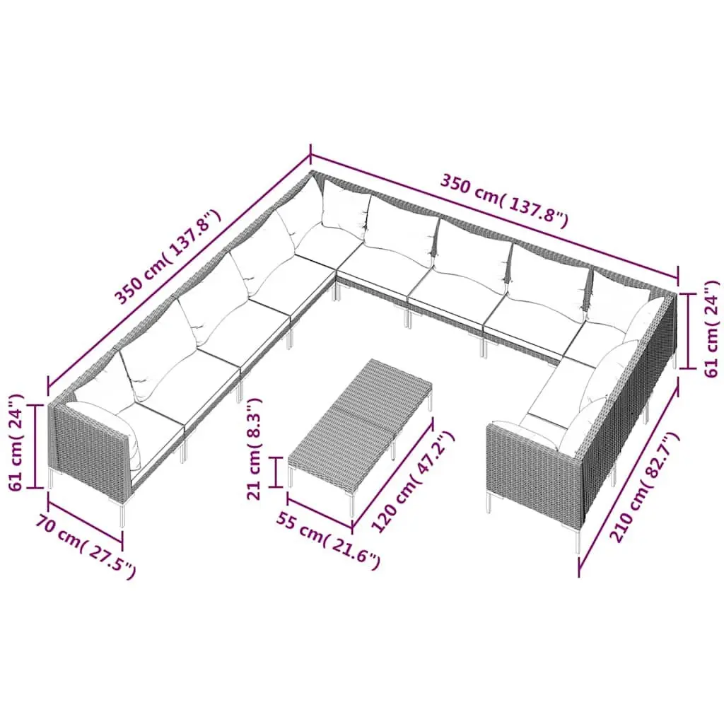 Outdoor Garden Furniture Set 12 Piece Grey Patio Cushions Poly Rattan Steel Frame