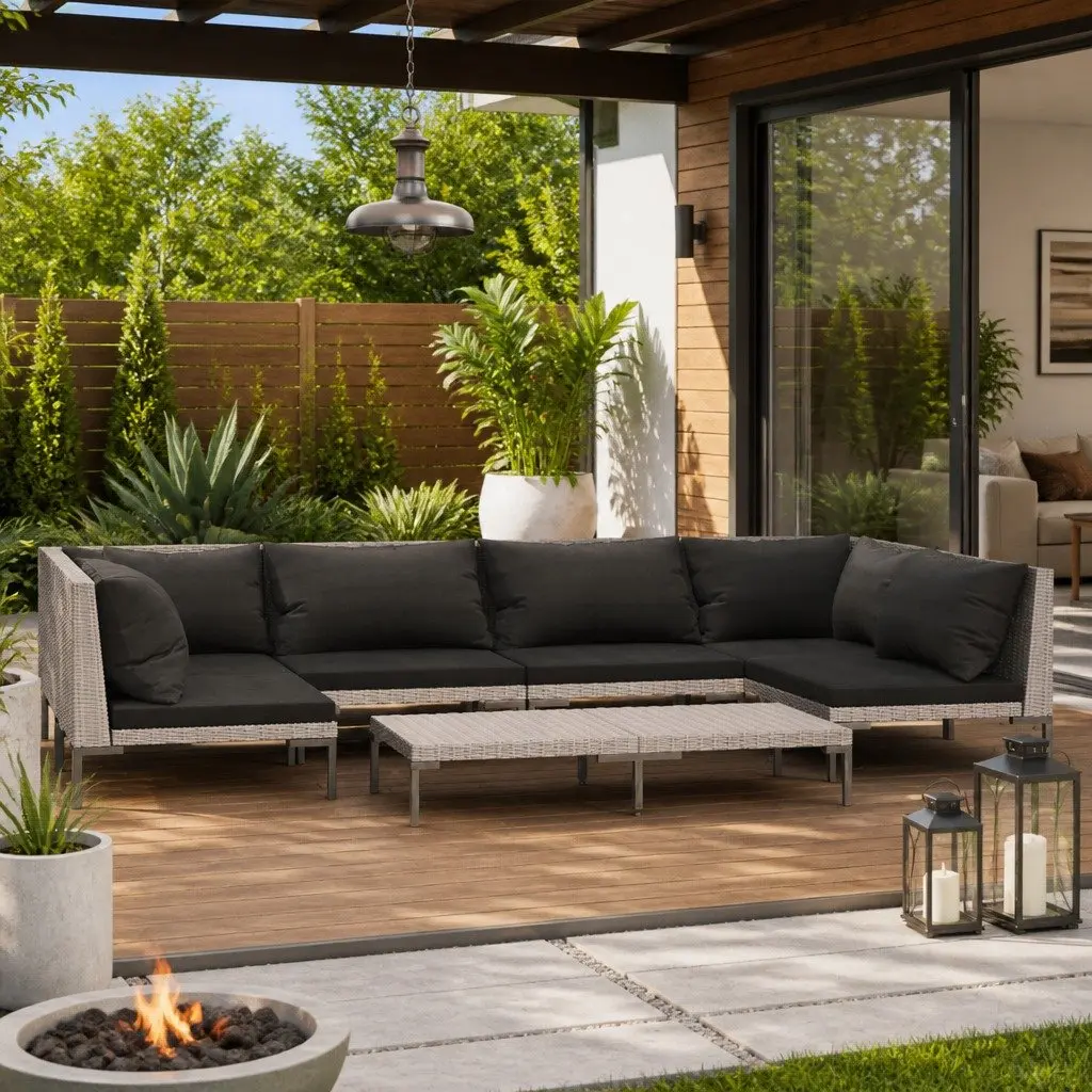 7 Piece Outdoor Garden Lounge Set Grey Poly Rattan Patio Furniture