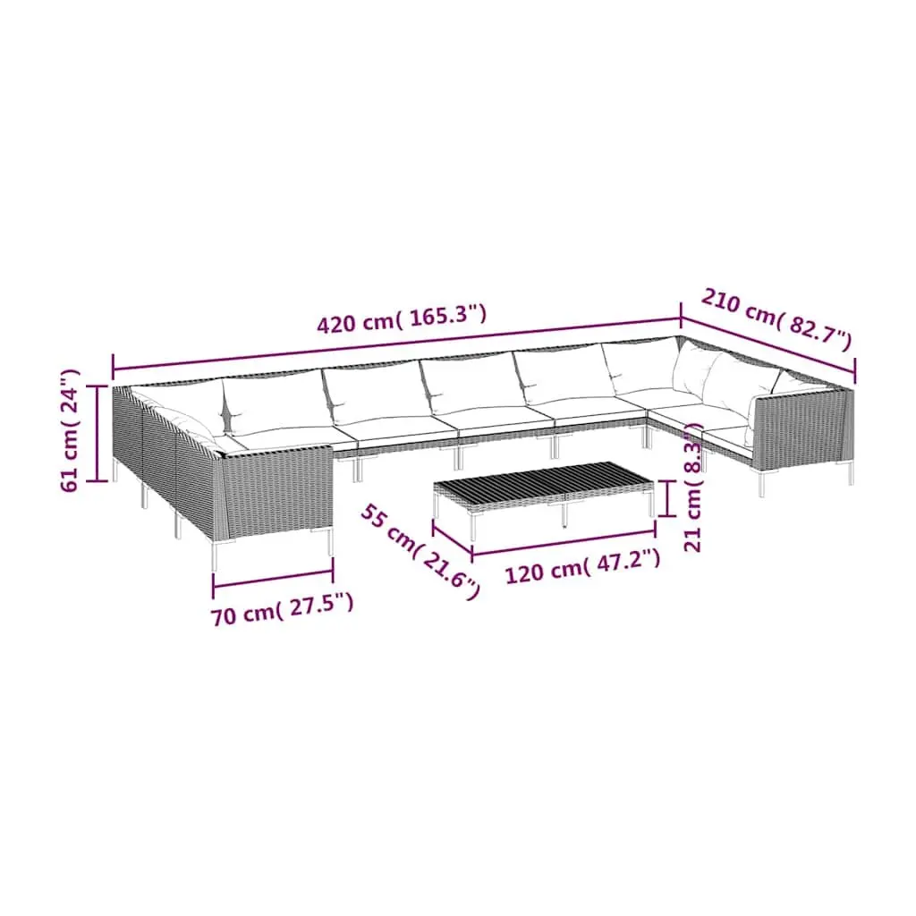 Garden Lounge Set 11 Piece Outdoor Patio Furniture Grey Poly Rattan with