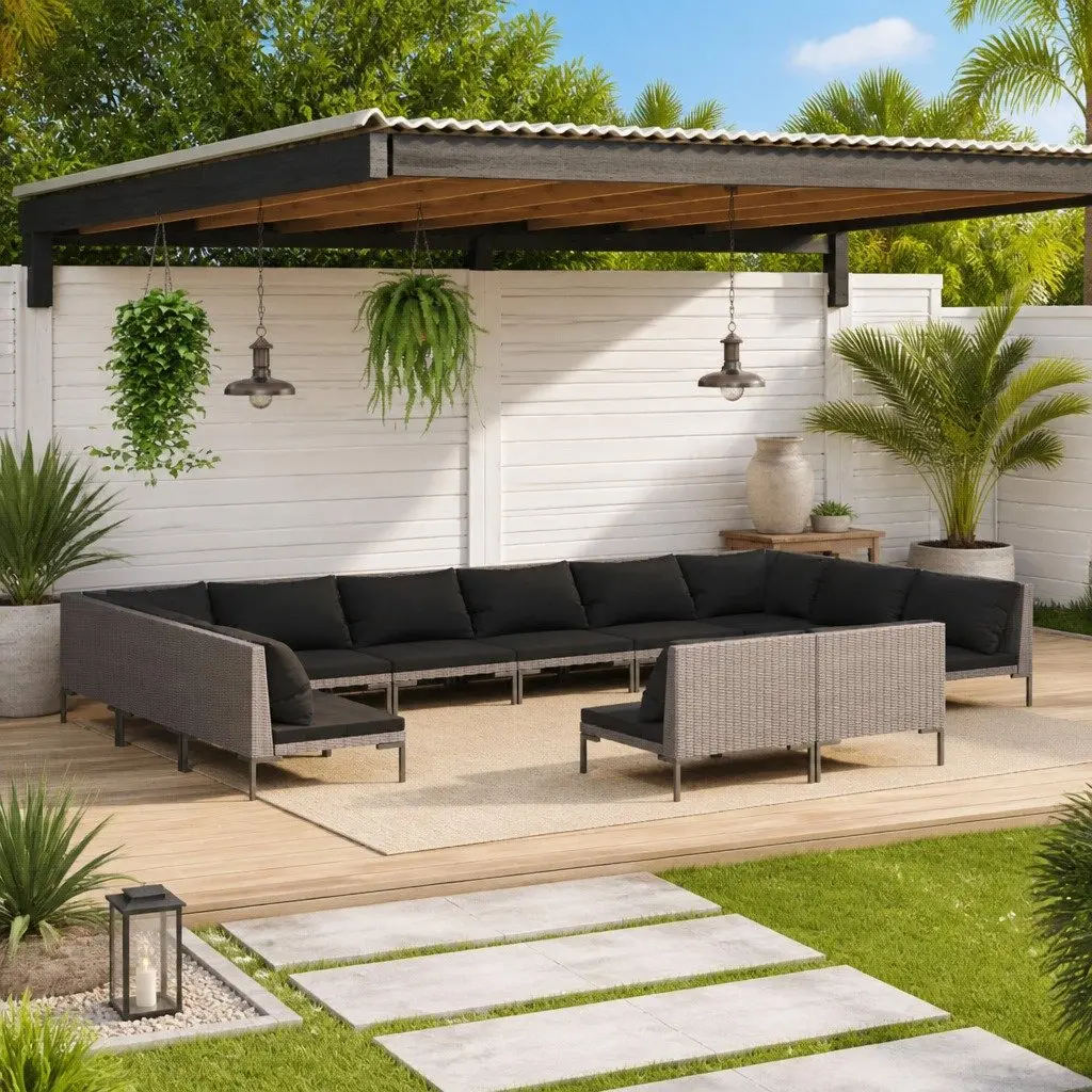 Garden Lounge Set 12 Piece Outdoor Patio Furniture Grey Rattan Sofa with