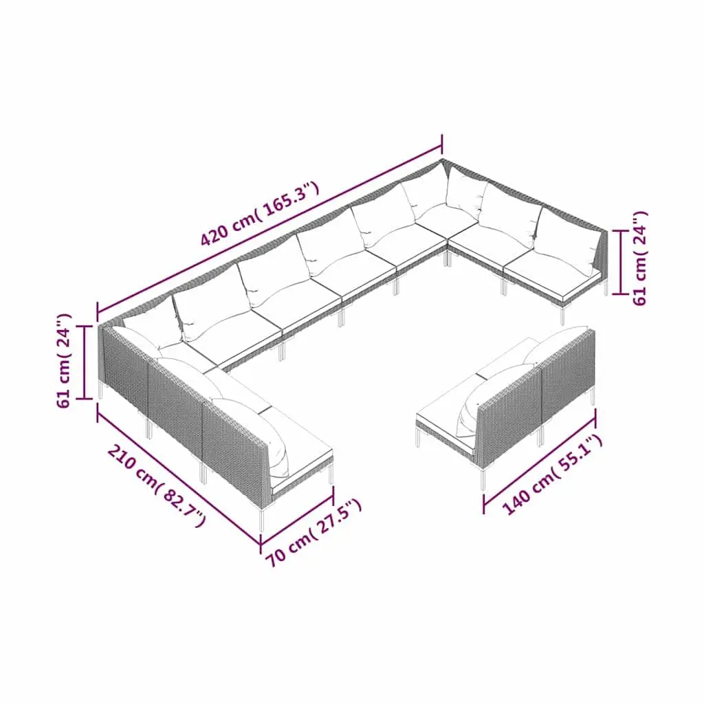 Garden Lounge Set 12 Piece Outdoor Patio Furniture Grey Rattan Sofa with