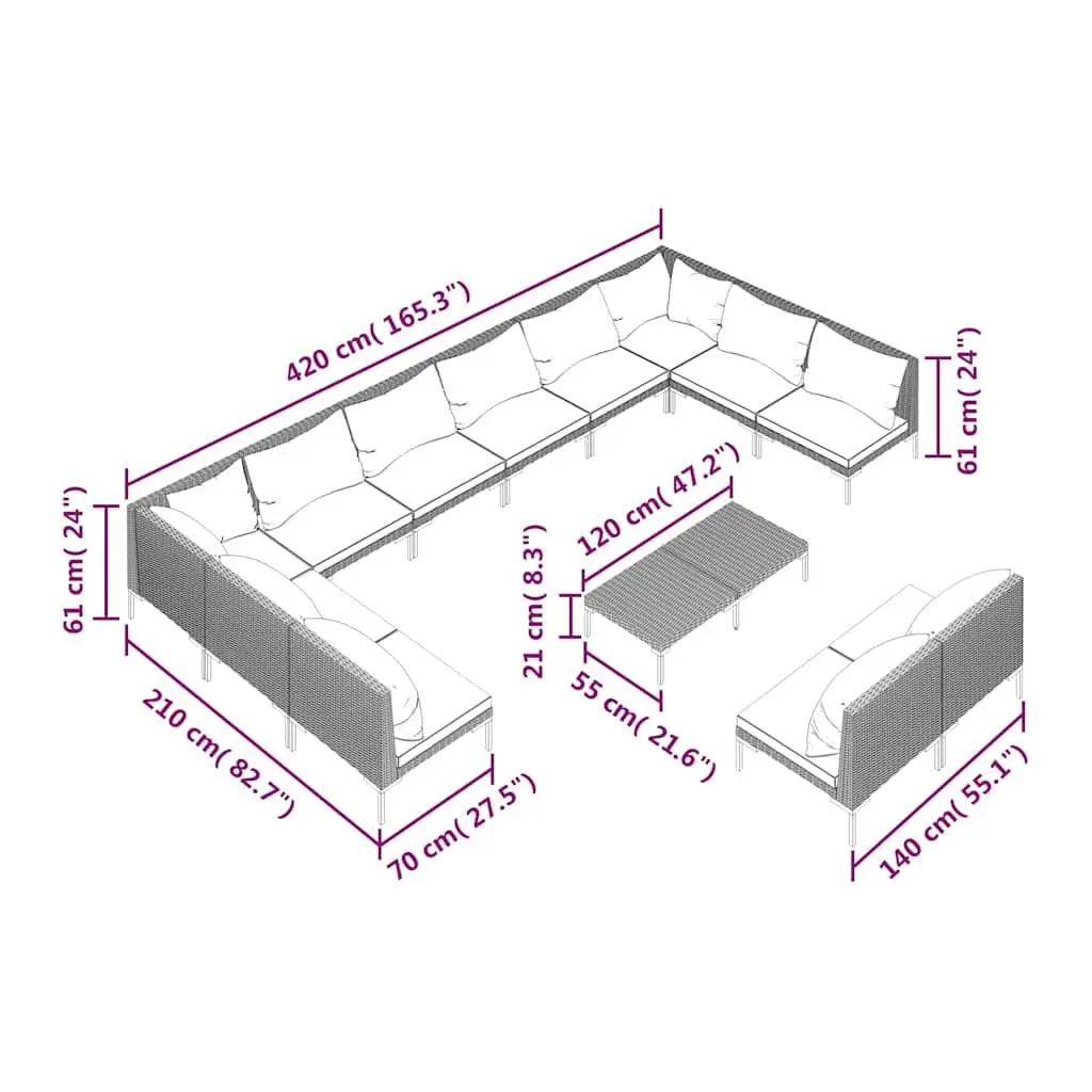 Garden Lounge Set 13 Piece Outdoor Furniture Cushions Rattan Grey