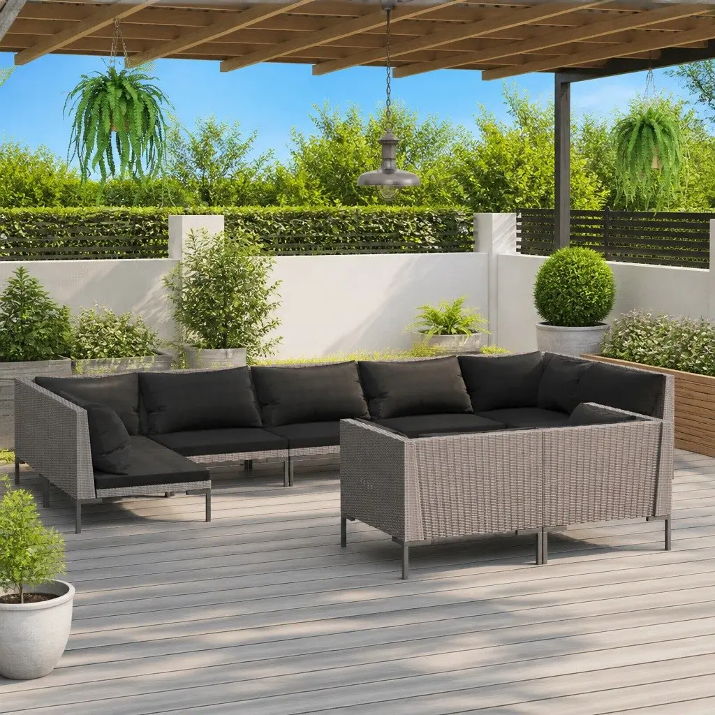 Outdoor Furniture Set 9 Piece Garden Lounge Sofa Grey Rattan Cushions Patio