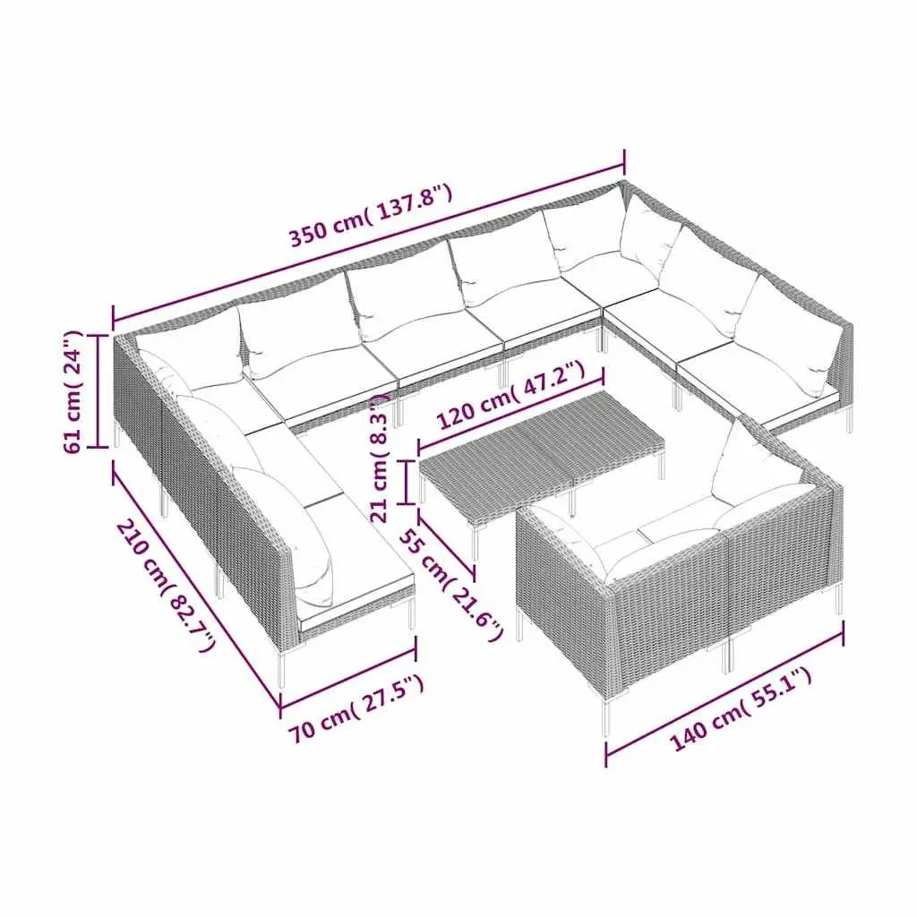 Garden Lounge Set 12 Piece Outdoor Patio Furniture Cushions Grey Rattan
