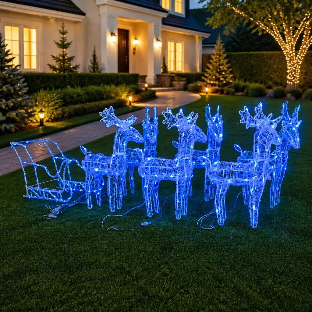 Christmas Yard Decoration Reindeer Sleigh 320 LED Lights Acrylic Blue