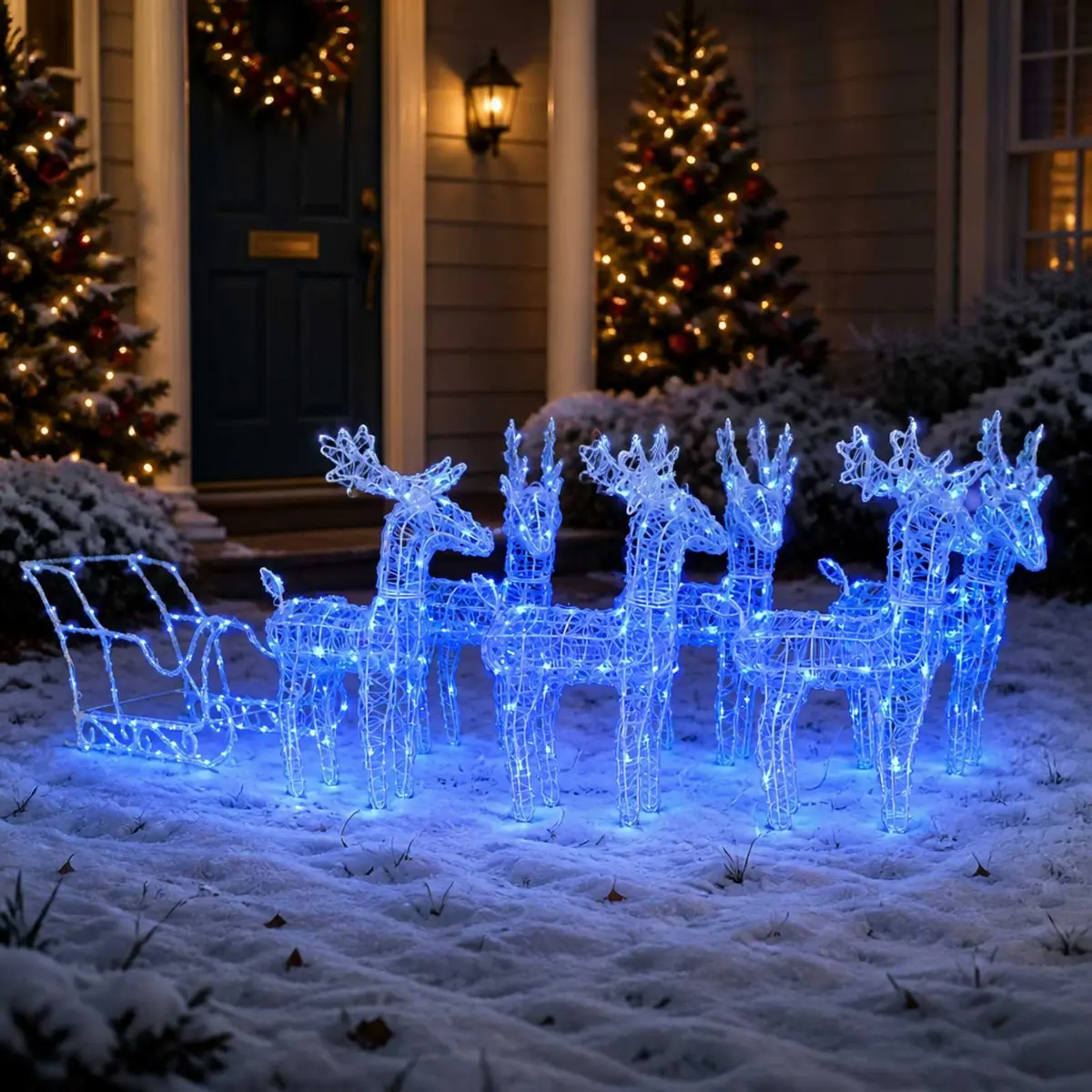 Christmas Yard Decoration Reindeer Sleigh 320 LED Lights Acrylic Blue