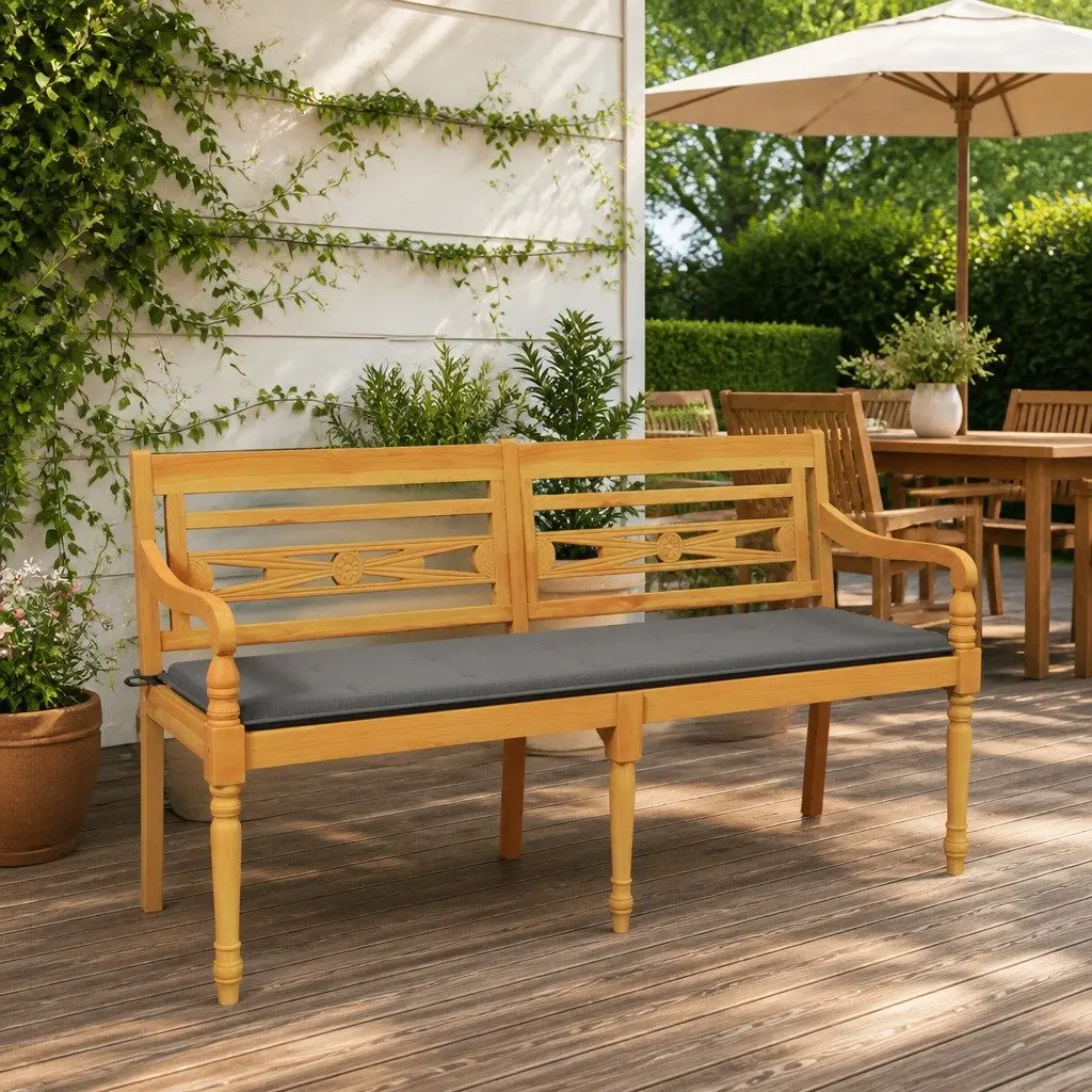 Outdoor Bench Garden Seating 150cm Wooden Brown with Armrests Backrest Cushion