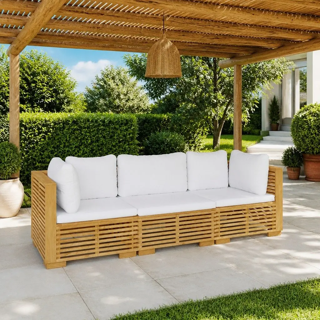 3 Piece Outdoor Lounge Set Garden Furniture Brown Teak Wood Cushions