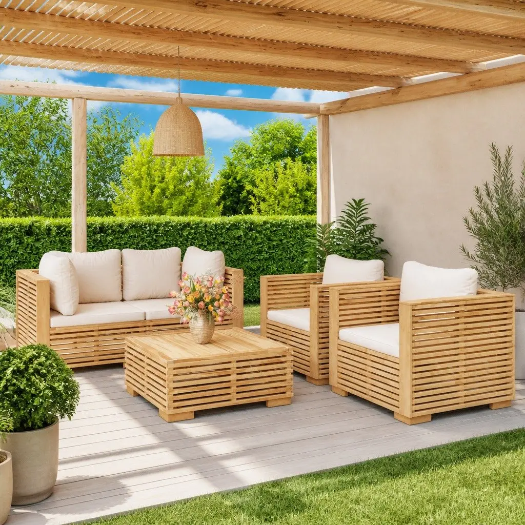 Garden Lounge Set 5 Piece Solid Wood Teak Outdoor Furniture with Cushions Brown
