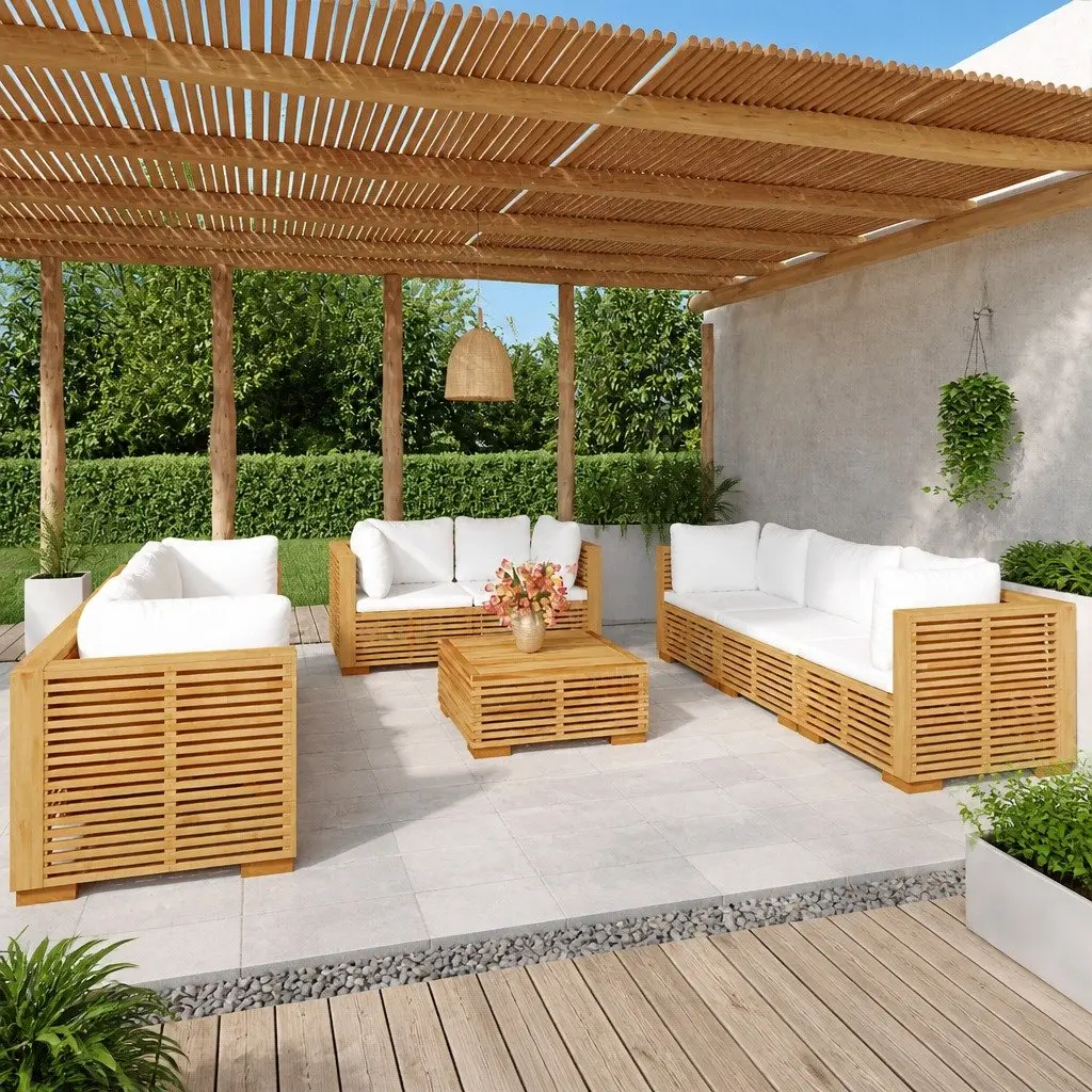 9 Piece Garden Lounge Set Outdoor Furniture Cushions Solid Wood Teak Brown