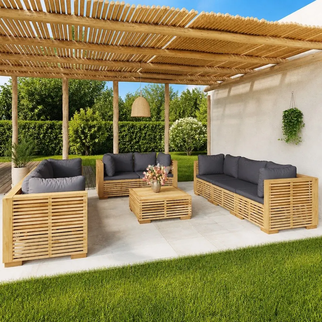 Garden Lounge Set Outdoor Furniture 9 Piece Teak Wood with Cushions Brown