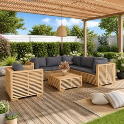 7 Piece Garden Lounge Set with Cushions Outdoor Furniture Teak Wood Brown