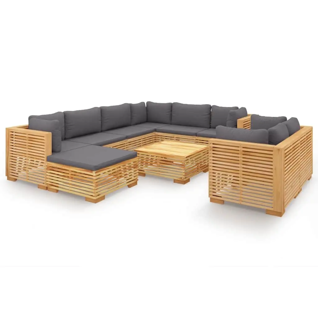10 Piece Garden Lounge Set Outdoor Furniture Solid Teak Wood Brown with Cushions