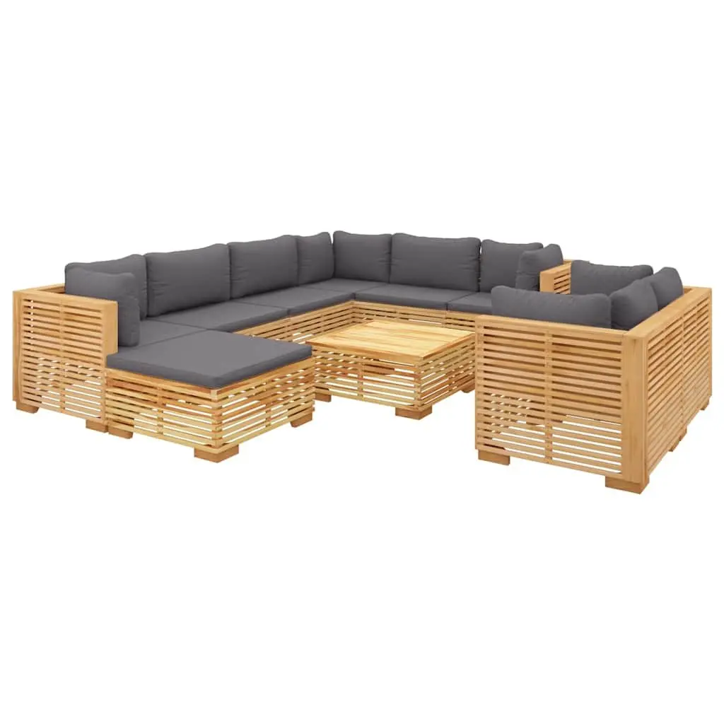 10 Piece Garden Lounge Set Outdoor Furniture Solid Teak Wood Brown with Cushions