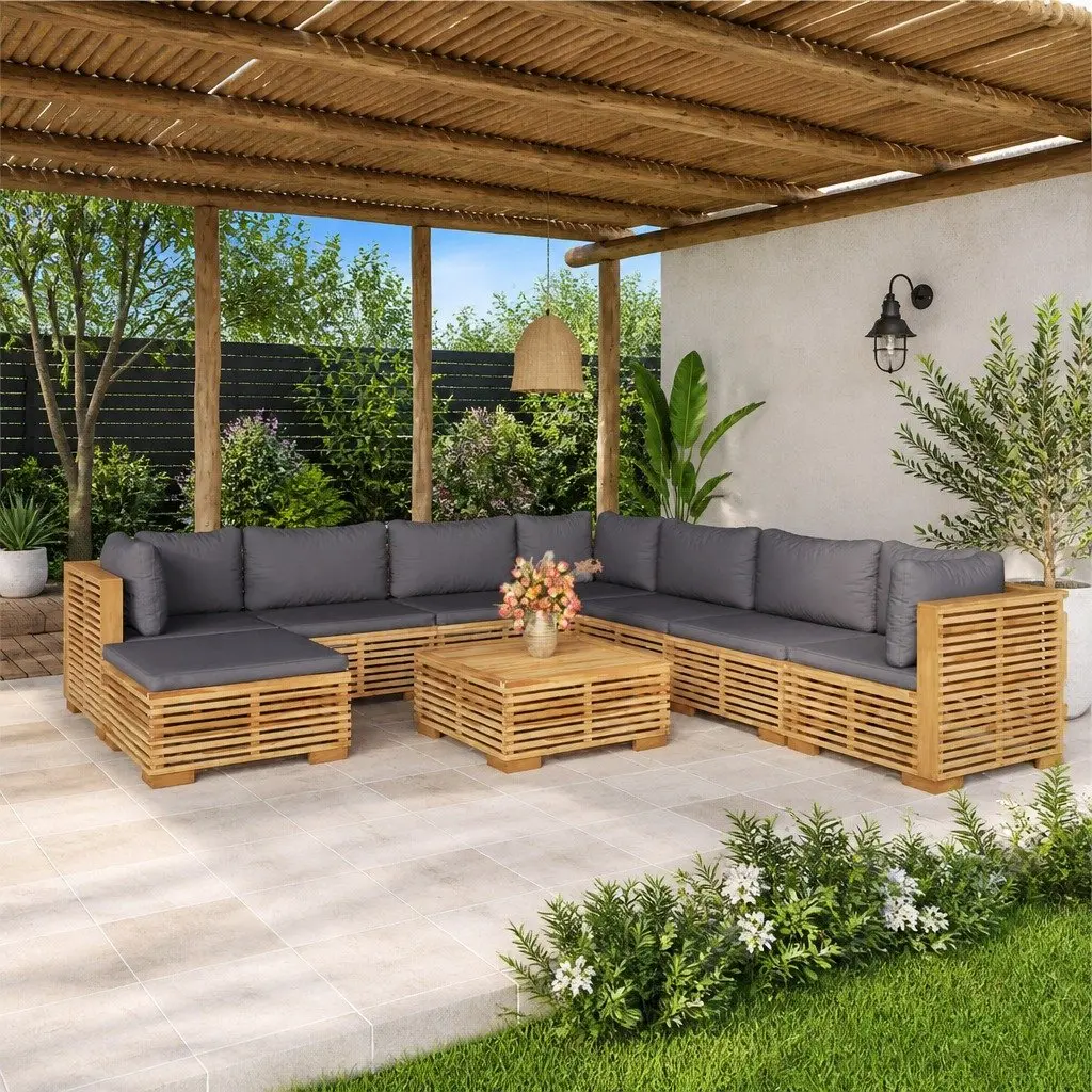 9 Piece Garden Lounge Set Outdoor Furniture Teak Wood Brown