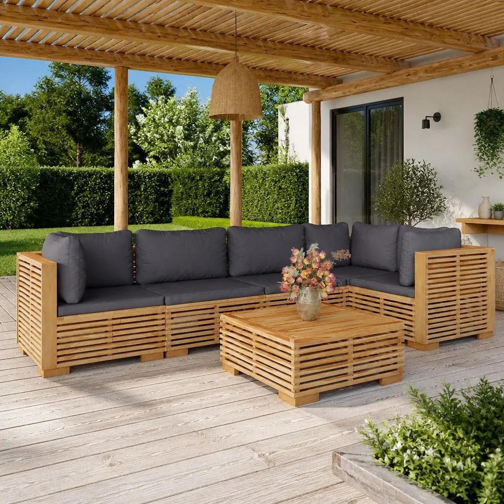 Outdoor Furniture Lounge Set Teak Wood 6 Piece Seating with Cushions Brown
