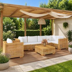 Comfortable 7-Piece Lounge Set with Teak Wood and Cushions
