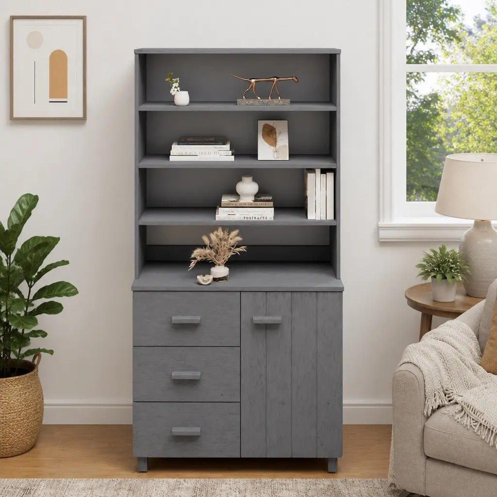 Grey Wooden Highboard Storage Cabinet with Doors Drawers and Shelves