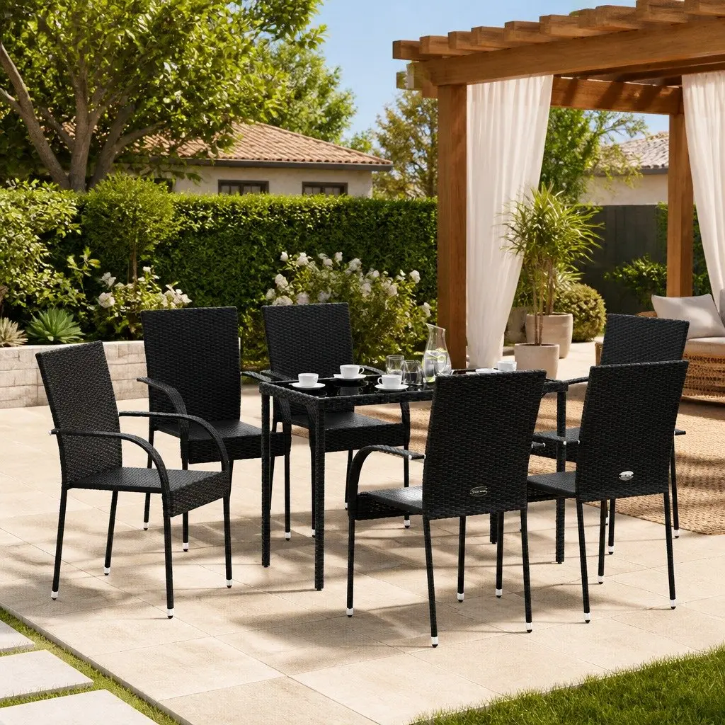 Outdoor Stackable Chairs 6 Piece Set Garden Patio Dining Seating Black