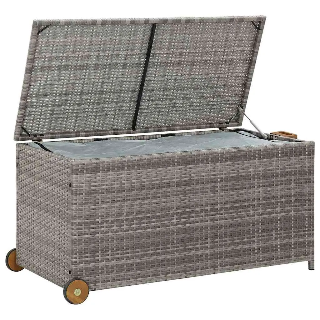 Outdoor Storage Box Grey Poly Rattan Garden Deck Patio Furniture with Wheels