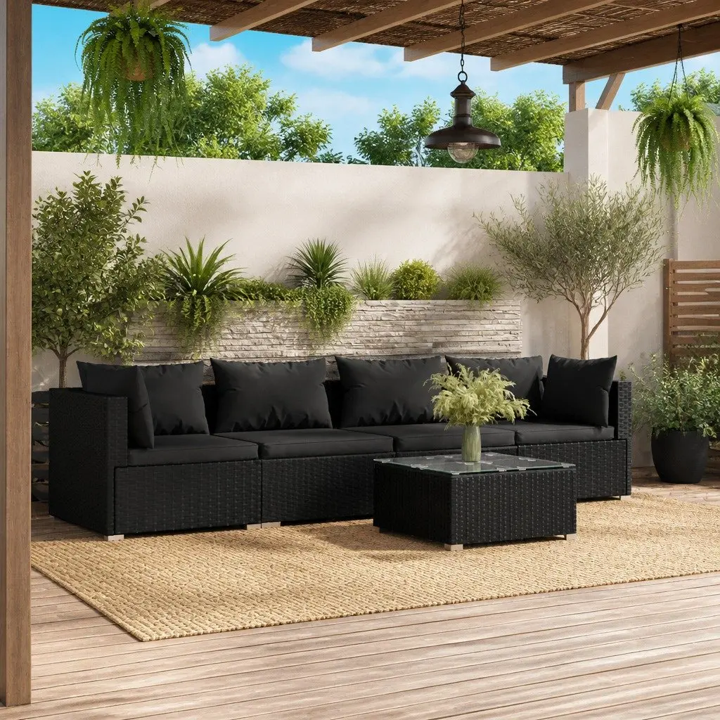 Modular Outdoor Rattan Lounge Set 5 Piece Black Patio Furniture with Cushions