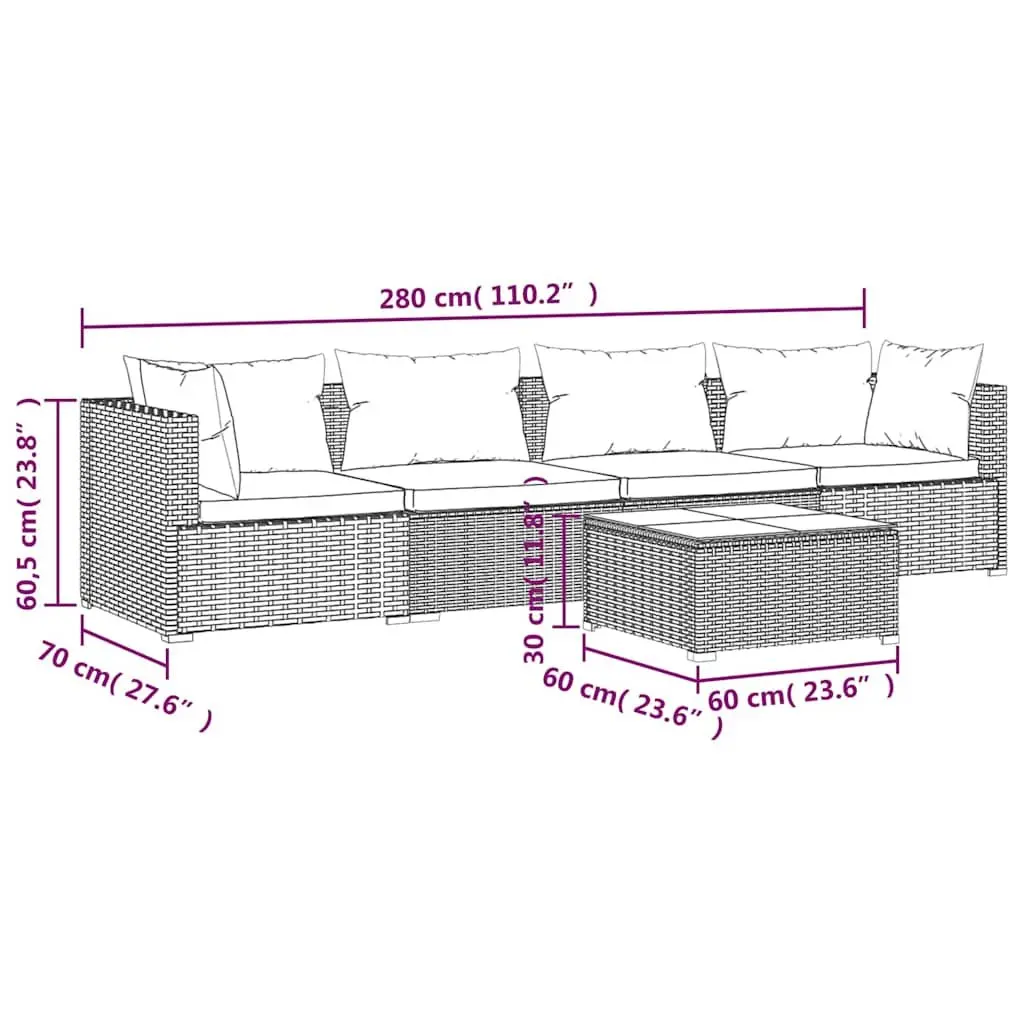 Modular Outdoor Rattan Lounge Set 5 Piece Black Patio Furniture with Cushions