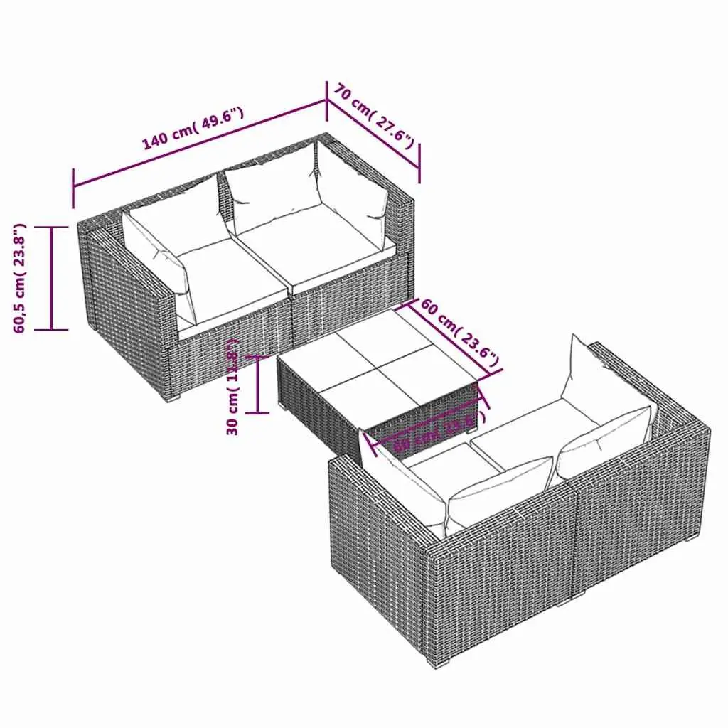 Garden Lounge Set 5 Piece Outdoor Furniture Modular Poly Rattan with Cushions Grey