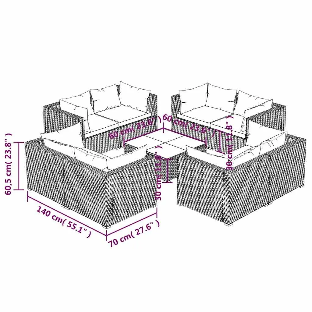 Garden Lounge Set 9 Piece Outdoor Furniture Modular Cushioned Grey