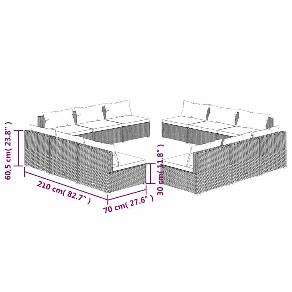 Modular Garden Lounge Set 12 Piece Outdoor Furniture Grey Poly Rattan with Cushions