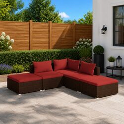 Garden Lounge Set 5 Piece Outdoor Patio Furniture with Cushions Brown Rattan