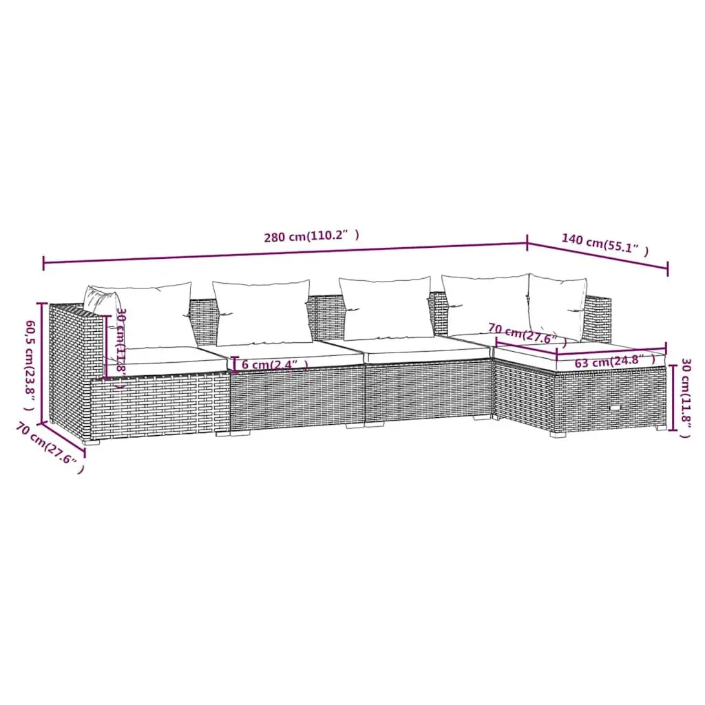 5 Piece Garden Lounge Set Grey Outdoor Furniture with Cushions