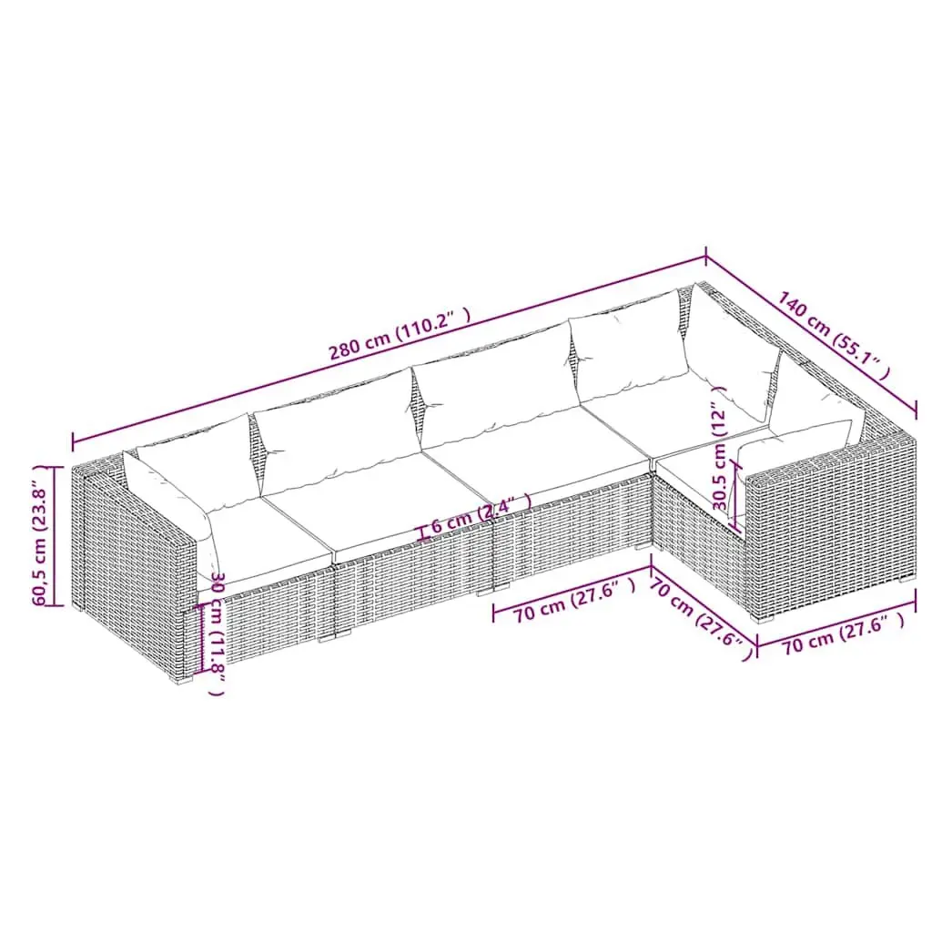 5 Piece Garden Lounge Set Modular Sofa Outdoor Patio Furniture Black PE Rattan