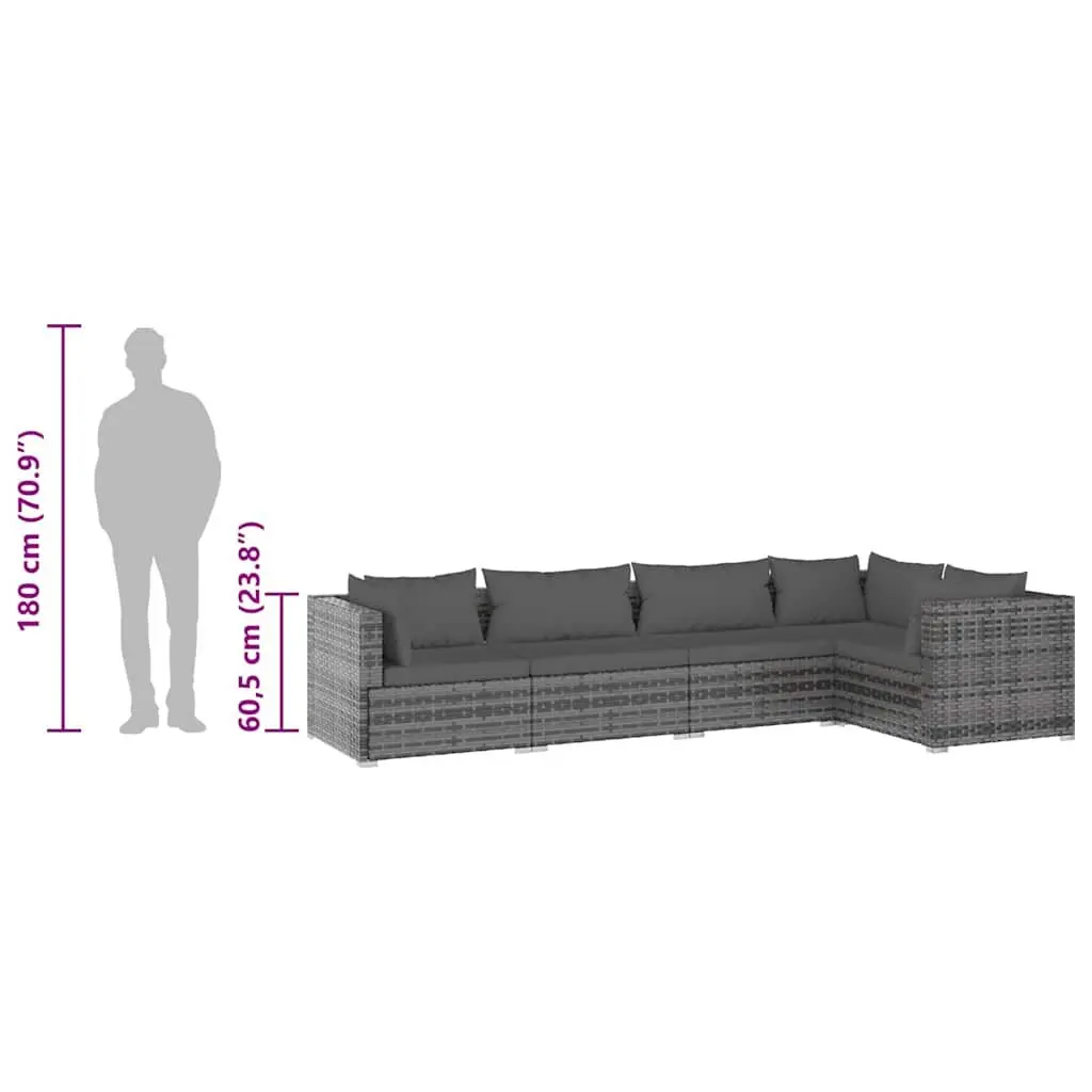 5 Piece Garden Lounge Set Outdoor Patio Furniture Modular Grey Poly Rattan with Cushions
