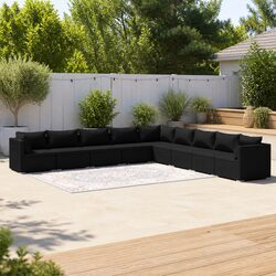 9 Piece Outdoor Garden Lounge Set Black Poly Rattan Patio Furniture with