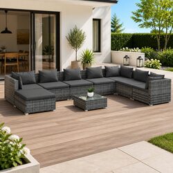Garden Lounge Set 9 Piece Outdoor Furniture Poly Rattan Grey Modular Cushions
