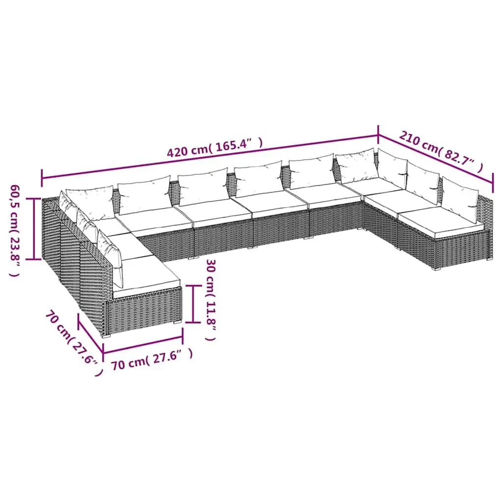 Garden Lounge Set 10 Piece Modular Outdoor Furniture Cushioned Brown