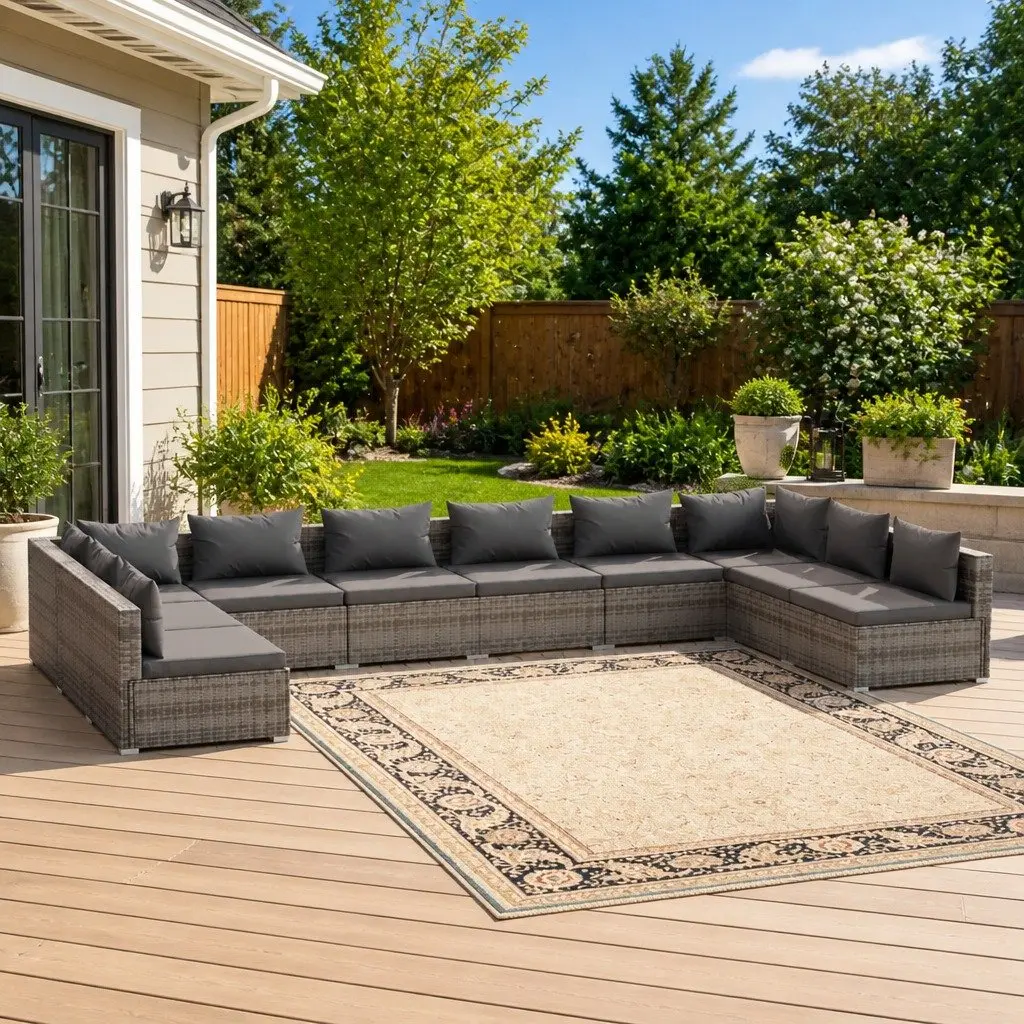 Modular Garden Lounge Set 10 Piece Outdoor Furniture Grey PE Rattan Sofa