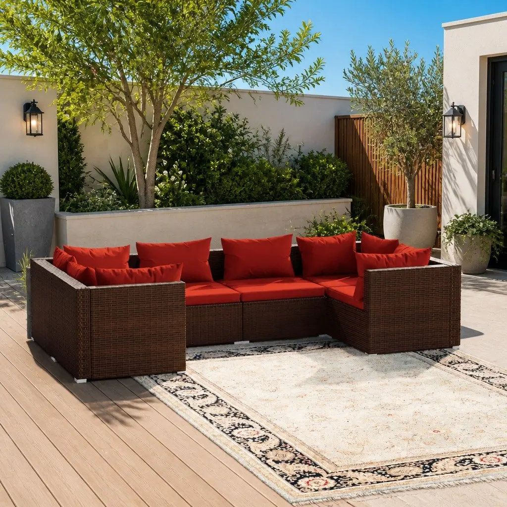 Garden Lounge Set Modular Outdoor Furniture 6 Piece with Cushions Brown Rattan