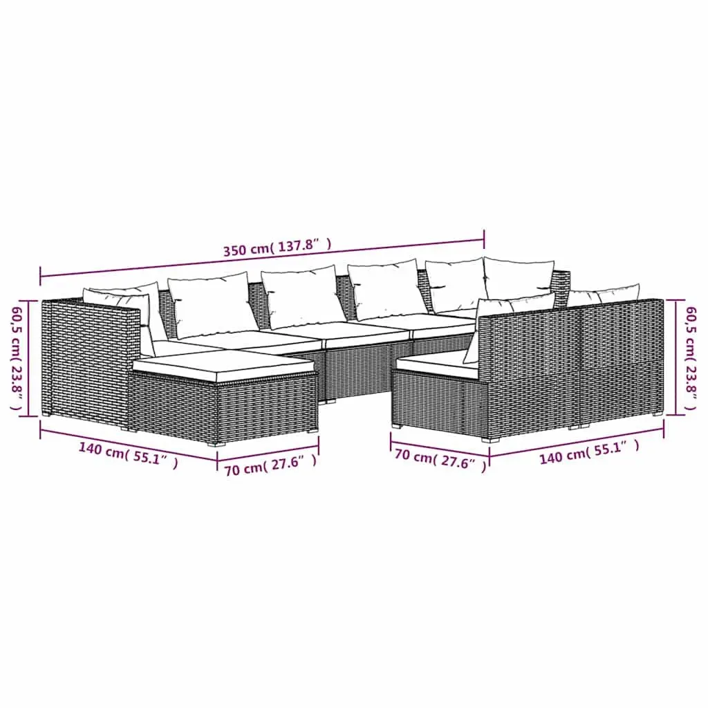 9 Piece Garden Lounge Set Outdoor Modular Patio Furniture Black with Cushions