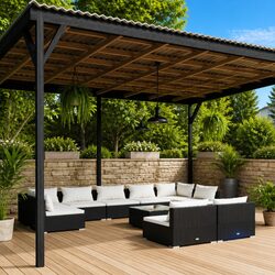 10 Piece Garden Lounge Set Black Poly Rattan Outdoor Furniture with Cushions