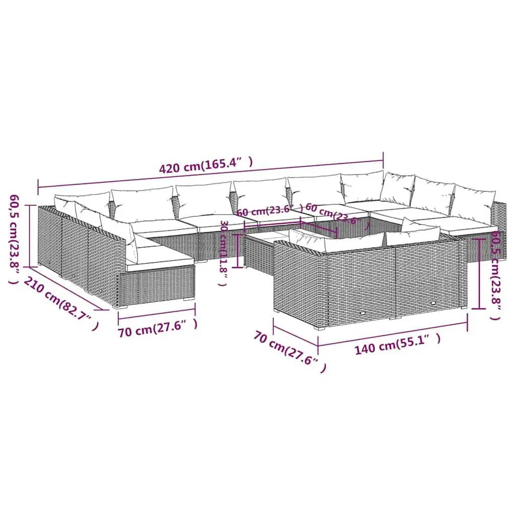 Garden Lounge Set 13 Piece Modular Outdoor Furniture Brown PE Rattan with Cushions