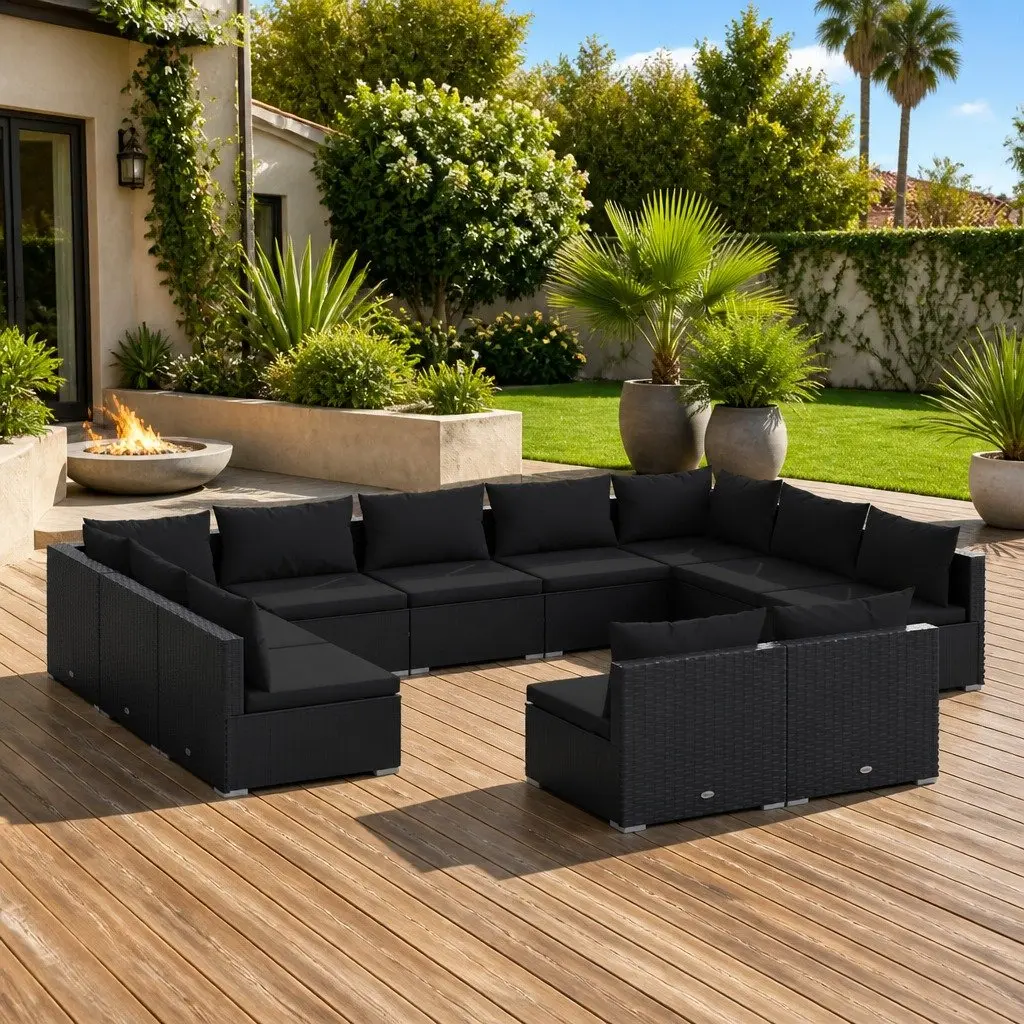 Garden Lounge Set Modular Outdoor Furniture 11 Piece Black Poly Rattan