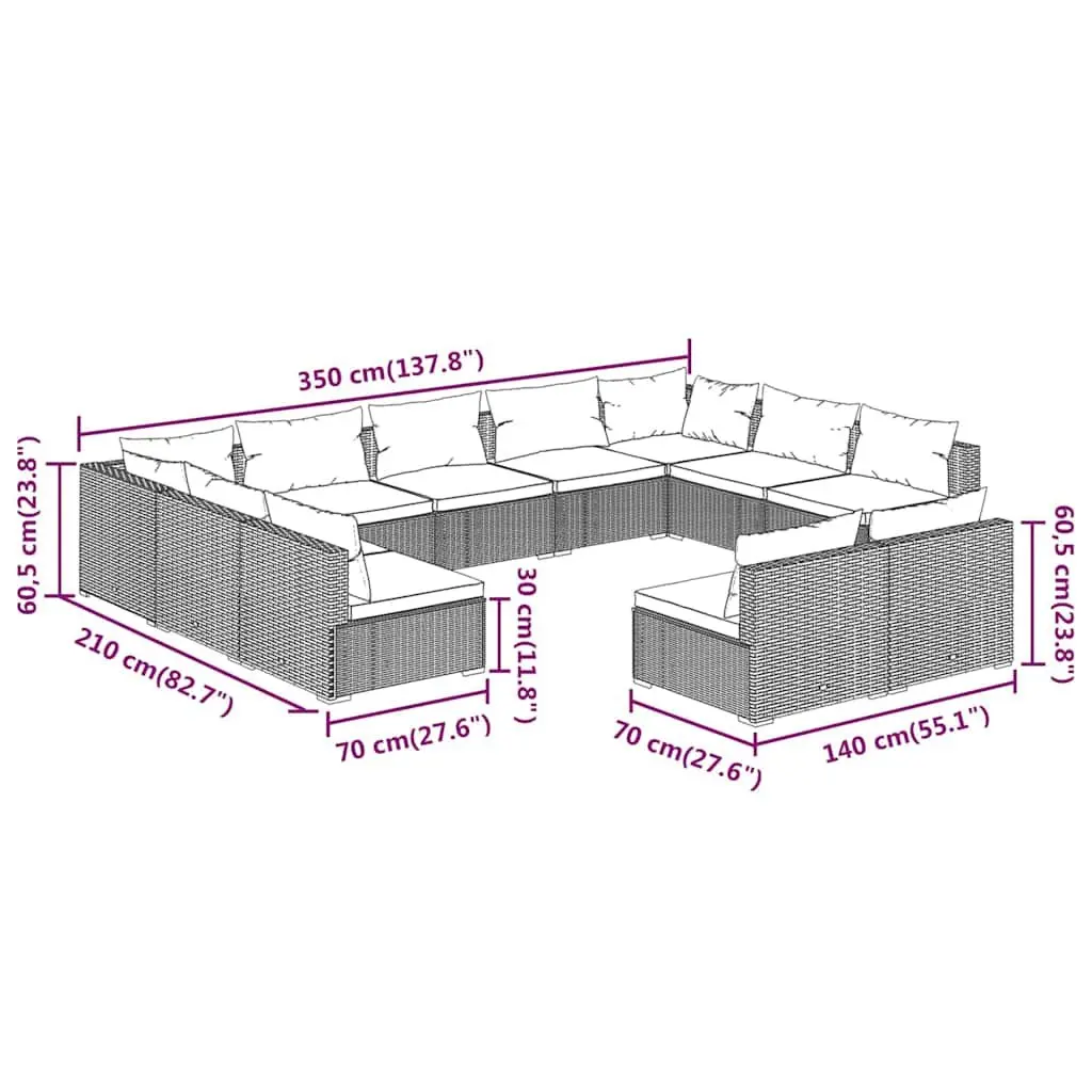 11 Piece Modular Outdoor Garden Lounge Set Grey Poly Rattan Sofa